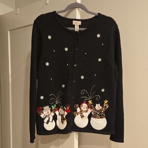 Vtg Ugly Sweater - Vintage 80s Classic Elements Black Snowman Cardigan M